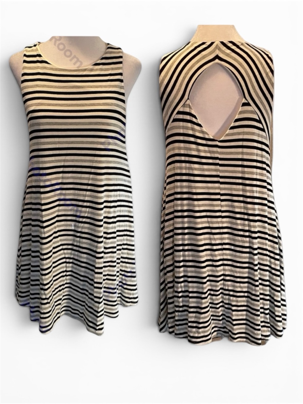 Dina Be Sleeveless Black, Gray & Off White Striped Above the Knee Swing Dress M